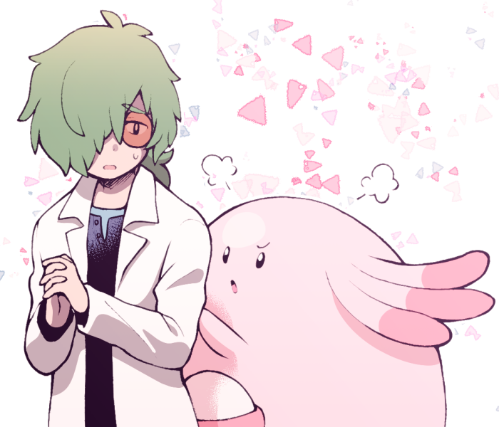 1boy, black_eyes, black_shirt, chansey, eye_contact, gen_1_pokemon, glasses, hands_up