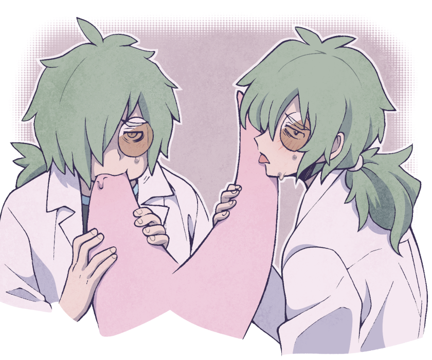 1boy, blush, brown_background, chansey, coat, gen_1_pokemon, glasses, green_hair