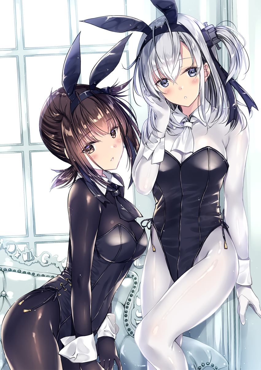 2girls, :o, animal_ears, black_hair, black_legwear, black_leotard, black_neckerchief, blue_eyes, blush, bodysuit, bodysuit_under_clothes, breasts, brown_hair, couch, detached_collar, fake_animal_ears, full_body, hair_between_eyes, hair_flaps, hairband, hatsuzuki_(kancolle), head_out_of_frame, head_tilt, headband, highres, indoors, kantai_collection, knees, kobayashi_chisato, leaning, legs, leotard, long_hair, looking_at_viewer, lower_body, medium_breasts, multiple_girls, neckerchief, one_side_up, parted_lips, rabbit_ears, short_hair, sidelocks, silver_hair, skin_tight, studded_trim, suzutsuki_(kancolle), thighs, white_bodysuit, white_neckerchief, window, wrist_cuffs, yellow_eyes