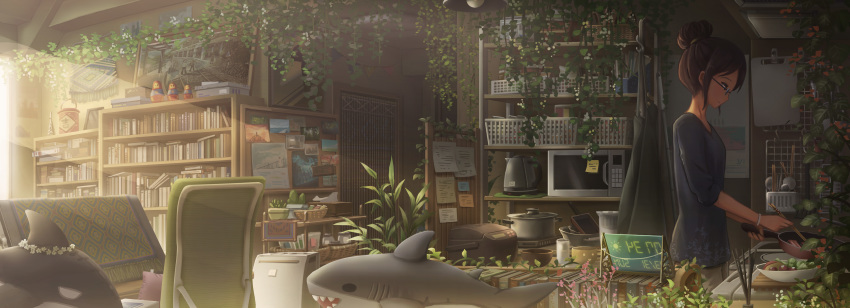 1girl, absurdly_detailed_composition, absurdres, apron, basket, bead_curtain, black_shirt, book