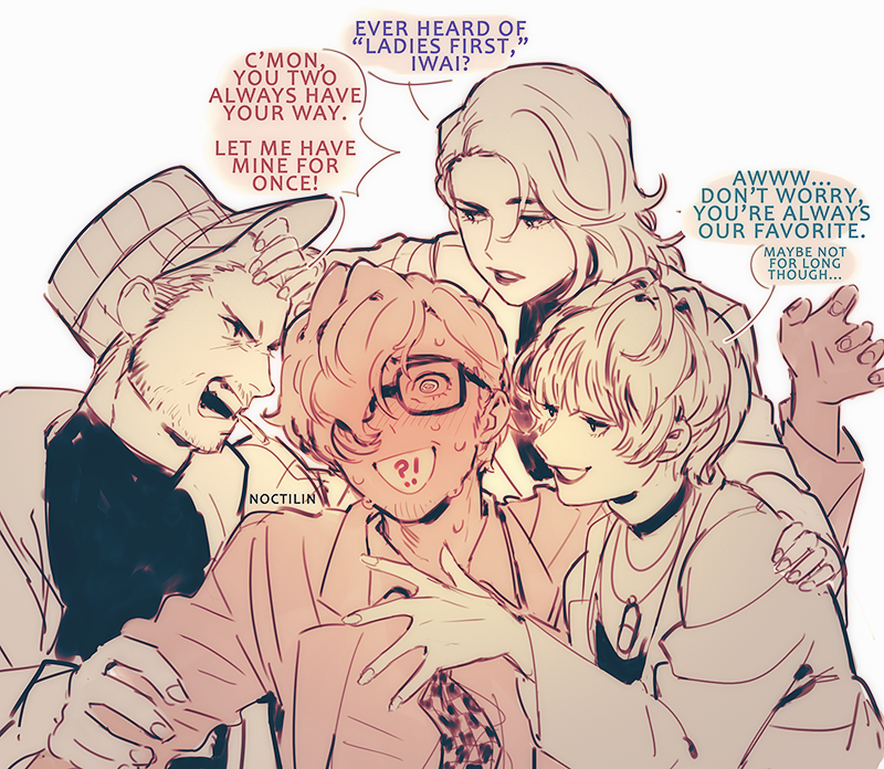 !?, 2boys, 2girls, artist_name, bad_id, bad_twitter_id, bisexual_male, blush, choker, cigarette, dog_tags, english_text, facial_hair, full-face_blush, glasses, hair_over_one_eye, hand_on_another's_chest, hat, iwai_munehisa, lab_coat, long_hair, long_sideburns, looking_at_another, maruki_takuto, multiple_boys, multiple_girls, necktie, niijima_sae, noctilin, persona, persona_5, persona_5_the_royal, pushing, sideburns, simple_background, stubble, sweat, takemi_tae, white_background