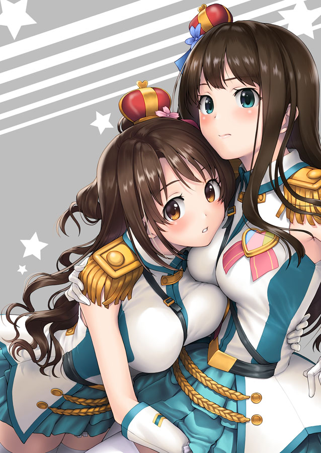 2girls, blue_eyes, blue_flower, blue_ribbon, blue_skirt, blush, breast_press, brown_eyes, brown_hair, crown, crystal_night_party, flower, gloves, grey_background, hair_flower, hair_ornament, hair_ribbon, idolmaster, idolmaster_cinderella_girls, jacket, layered_skirt, long_hair, looking_at_viewer, mini_crown, miniskirt, multiple_girls, parted_lips, pleated_skirt, ribbon, shibuya_rin, shimamura_uzuki, skirt, sleeveless, sleeveless_jacket, star_(symbol), symmetrical_docking, tanaka_shoutarou, white_gloves, white_jacket