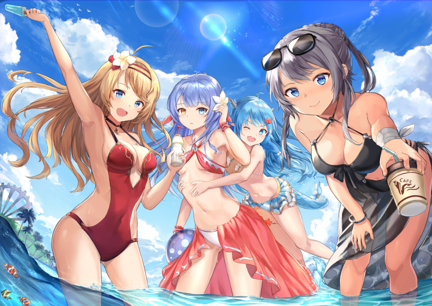 4girls, ;d, ahoge, animal, arm_up, armpits, artemia_(king's_raid), bangle, beads, bent_over, bikini, bikini_skirt, bird, black_bikini, black_choker, blonde_hair, blue_eyes, blue_hair, blue_sky, bottle, bracelet, braid, braided_bun, breasts, brown_eyes, choker, cleavage, closed_mouth, cloud, cloudy_sky, clownfish, collarbone, covered_navel, criss-cross_halter, cup, day, disposable_coffee_cup, disposable_cup, dragon_girl, dragon_horns, dragon_tail, drinking_straw, eyewear_on_head, fish, floating_hair, flower, food, frilled_bikini, frills, front-tie_bikini_top, front-tie_top, gluteal_fold, grey_hair, hair_bun, hair_flower, hair_ornament, halterneck, hand_on_own_thigh, hand_up, heterochromia, highres, holding, holding_bottle, holding_cup, horns, hug, hug_from_behind, innertube, jewelry, kara_(king's_raid), king's_raid, large_breasts, leaning_forward, lens_flare, lilia_(king's_raid), long_hair, looking_at_viewer, medium_breasts, mosta_(lo1777789), multiple_girls, navel, ocean, one-piece_swimsuit, one_eye_closed, open_mouth, outdoors, palm_tree, pointy_ears, popsicle, red_bikini, ribbon, sarong, scarlet_(king's_raid), sidelocks, single_hair_bun, sky, small_breasts, smile, standing, stomach, sun, sunglasses, sunlight, swim_ring, swimsuit, tail, tail_ornament, tail_ribbon, tree, v-shaped_eyebrows, wading, water, wavy_hair, white_bikini, white_flower, wrist_cuffs, wrist_ribbon