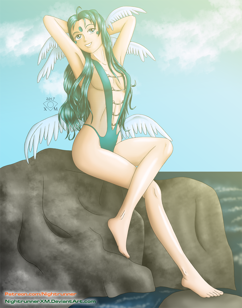 1girl, aa_megami-sama, ahoge, ansuz, aqua_eyes, aqua_hair, armpits, arms_behind_head, arms_up, beach, bikini, breasts, cleavage, collarbone, crossed_legs, day, facial_mark, female_focus, forehead_mark, head_wings, long_hair, navel, nightrunnerxm, pinup_(style), sideboob, sitting, slingshot_swimsuit, small_breasts, smile, solo, swimsuit, thighhighs, thighs, wings