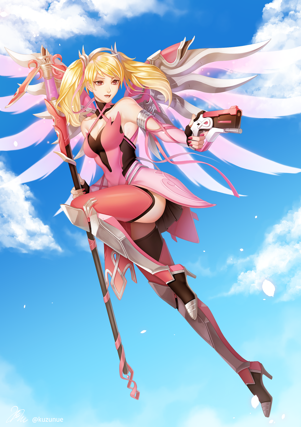 1girl, alternate_eye_color, alternate_hairstyle, arm_ribbon, armor, bare_shoulders, blonde_hair, blue_sky