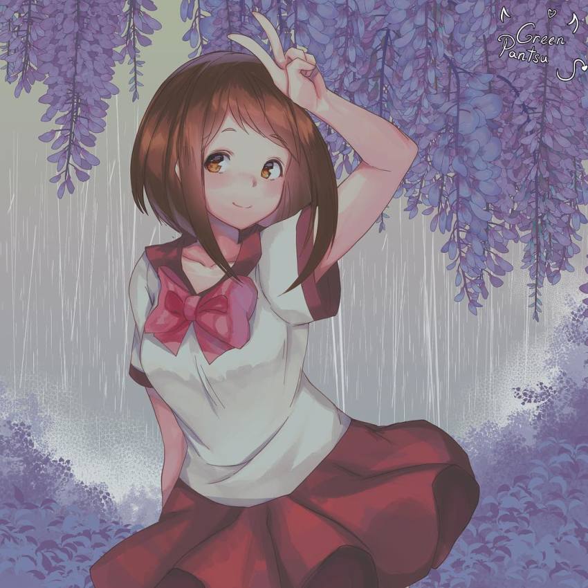 1girl, arm_up, artist_name, bad_id, bad_instagram_id, boku_no_hero_academia, bow, breasts