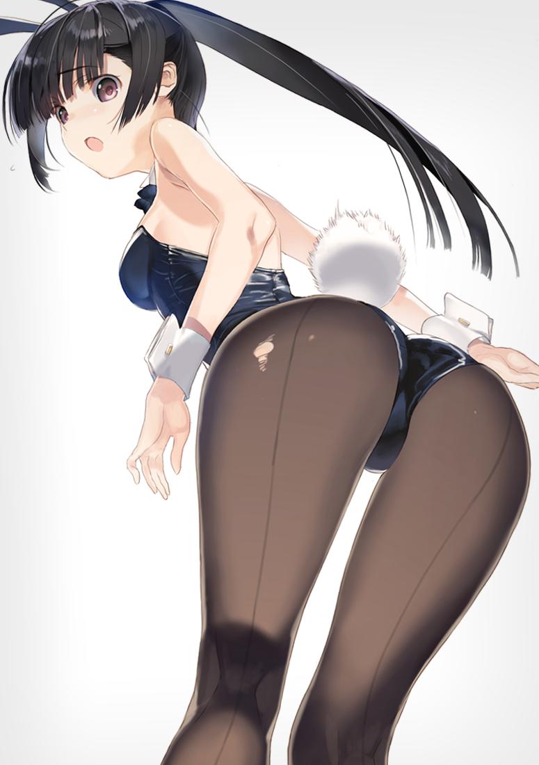 1girl, animal_ears, ass, bare_shoulders, black_hair, black_leotard, breasts, commentary_request