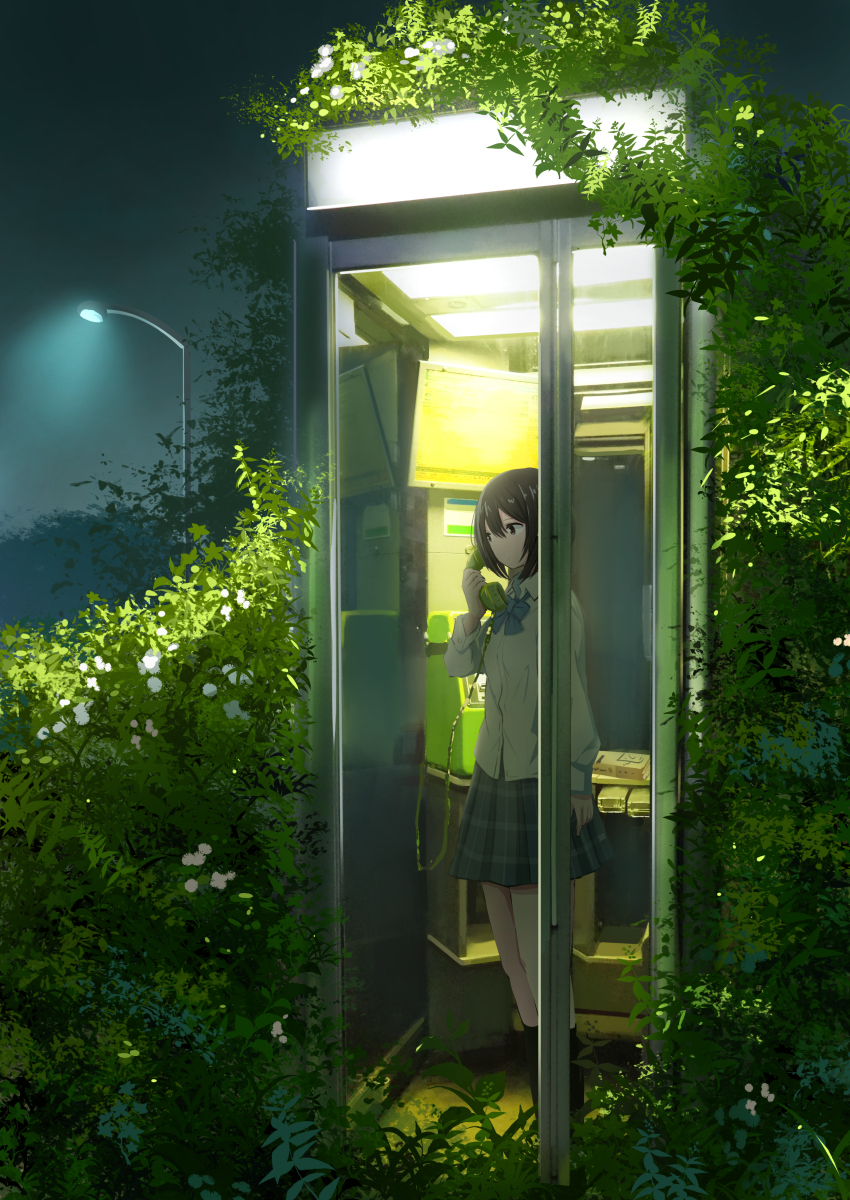 1girl, arm_at_side, arm_up, black_eyes, black_hair, black_socks, blue_bow, blue_neckwear, bob_cut, bow, breasts, bush, cardigan, expressionless, female_focus, flower, fluorescent_lamp, full_body, green_theme, hair_between_eyes, highres, holding, holding_phone, lamppost, long_sleeves, looking_to_the_side, night, original, outdoors, phone, phone_book, phone_booth, plaid_clothes, plaid_skirt, plant, sakeharasu, school_uniform, short_hair, skirt, small_breasts, socks, solo, standing