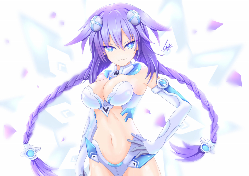 1girl, armor, bare_shoulders, bikini_armor, blue_eyes, braid, breasts, cleavage