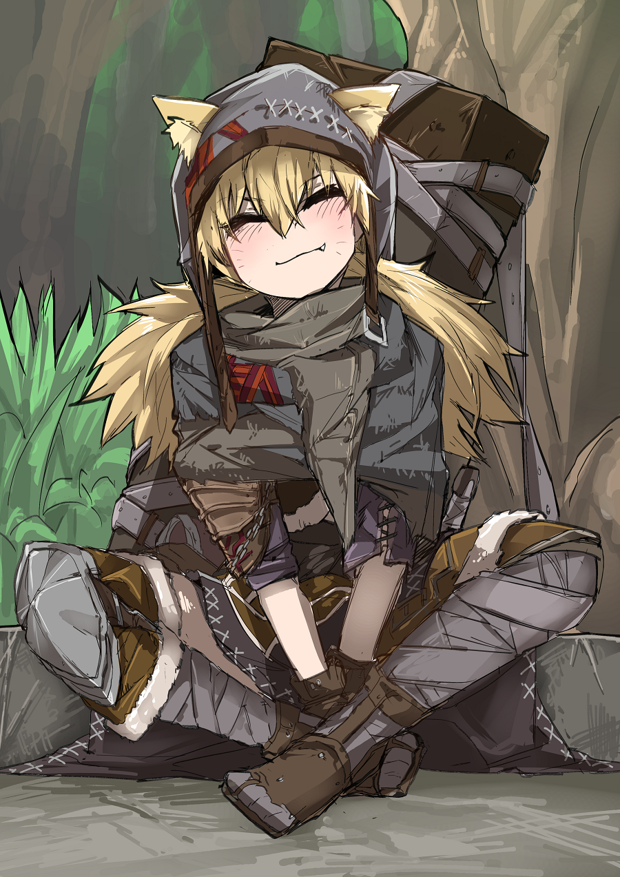 1girl, animal_ears, blonde_hair, blush, chain, closed_eyes, fang, forest, girls'_frontline, grass, hat, highres, idw_(cloak_and_cat_ears)_(girls'_frontline), idw_(girls'_frontline), crossed_legs, nature, scarf, sitting, smile, stitching, takoongyi, tree