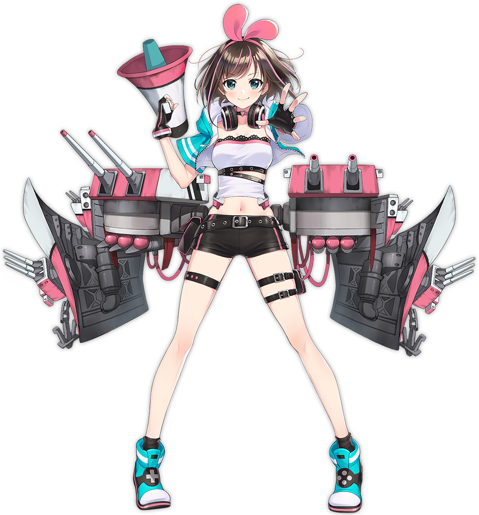 1girl, ankle_boots, azur_lane, bare_shoulders, belt, black_gloves, black_shorts, black_socks, blue_eyes, blush, boots, bow, bowtie, breasts, brown_hair, cannon, character_name, choker, cropped_jacket, detached_sleeves, female_focus, fingerless_gloves, full_body, gloves, hairband, headphones, headphones_around_neck, holding, holding_megaphone, jacket, kizuna_ai, kizuna_ai_(a.i._games), kizuna_ai_(supergamer)_(azur_lane), kizuna_ai_inc., kurot, lace-trimmed_tube_top, lace_trim, looking_at_viewer, megaphone, multicolored_hair, navel, official_alternate_costume, official_art, open_clothes, open_jacket, outstretched_arm, pink_hair, pink_hairband, ribbon, rigging, sailor_collar, ship_turret, shirt, short_hair, short_shorts, shorts, sidelocks, skirt, smile, socks, solo, straight-on, strapless, streaked_hair, tachi-e, thigh_strap, thighs, torpedo_tubes, transparent_background, tube_top, virtual_youtuber, wind