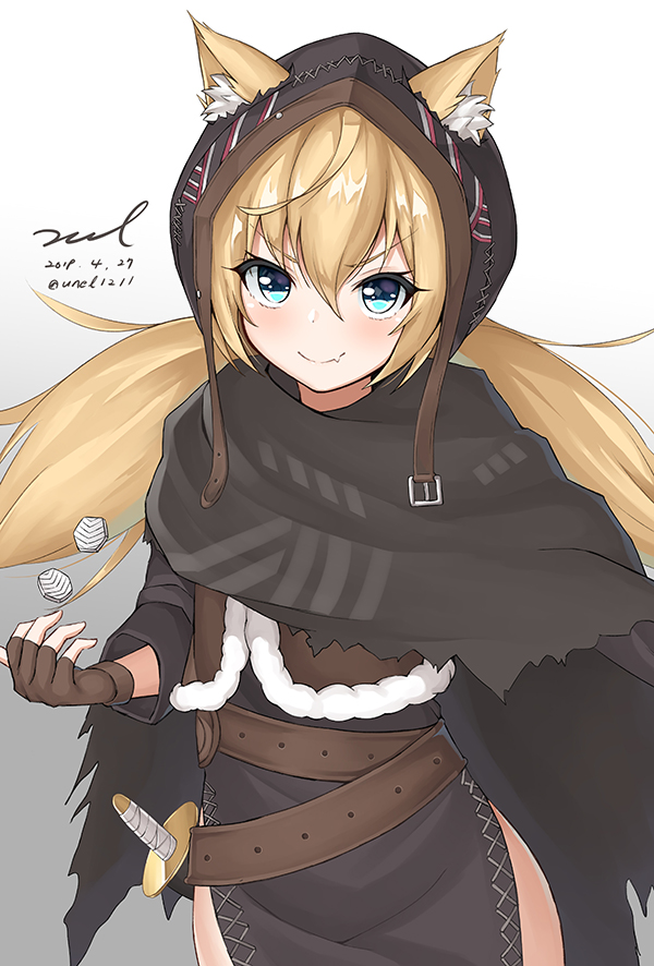 1girl, animal_ear_fluff, animal_ears, belt, blonde_hair, blue_eyes, brown_gloves, cloak