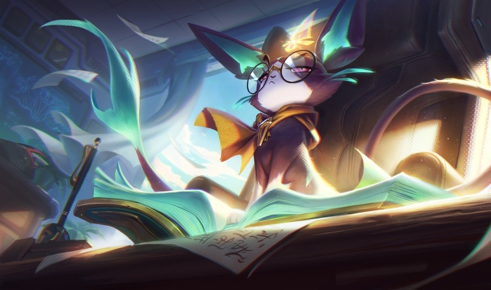 1girl, battle_principal_yuumi, book, cat, choker, glasses, league_of_legends, no_humans