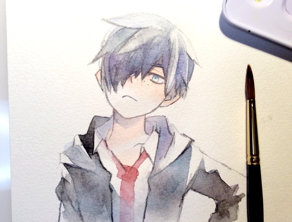 1boy, :<, black_hoodie, blue_eyes, blue_hair, closed_mouth, collared_shirt, commentary_request