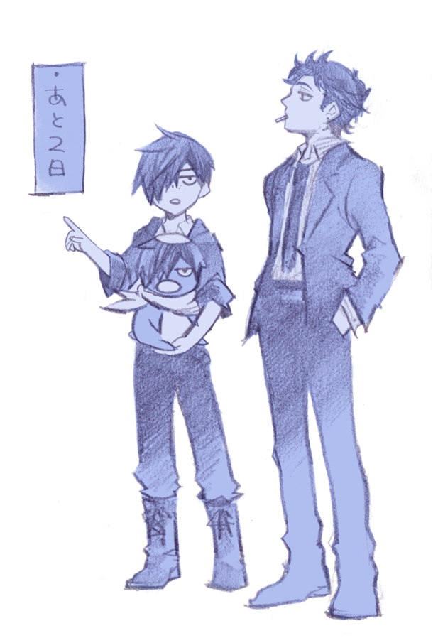 2boys, ascot, boots, candy, carrying, collared_shirt, commentary_request, countdown, dress_shirt, food, formal_clothes, from_side, hair_over_one_eye, hands_in_pockets, hood, hood_down, hoodie, jacket, kappa, kuji_chikai, kuji_toi, lollipop, male_focus, migii_(tenra_banshou), multiple_boys, necktie, one_eye_covered, open_clothes, open_jacket, open_mouth, pointing, sarazanmai, school_uniform, shirt, simple_background, sleeves_rolled_up, striped_clothes, striped_shirt, suit, vertical-striped_clothes, vertical-striped_shirt