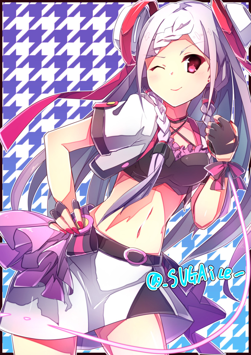 1girl, ;), black_gloves, bow, braid, braided_bangs, contrapposto, cowboy_shot