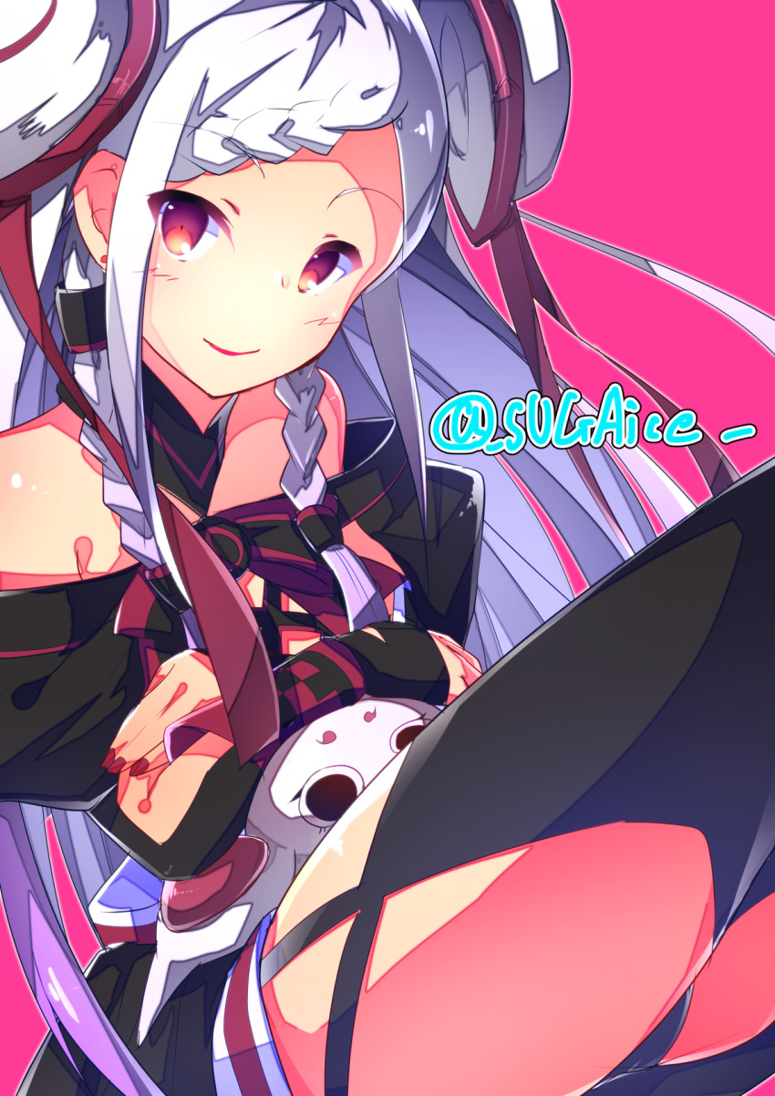 1girl, black_skirt, black_sleeves, black_thighhighs, blush, braid, braided_bangs, choker