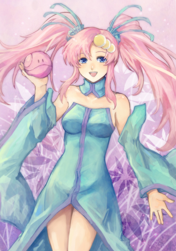 1girl, :d, aqua_detached_collar, aqua_detached_sleeves, aqua_dress, asymmetrical_bangs, ball, bare_legs, bare_shoulders, blue_detached_collar, blue_eyes, blush, breasts, collarbone, cowboy_shot, detached_collar, detached_sleeves, dress, female_focus, floating_hair, gradient_background, gundam, gundam_seed, hair_between_eyes, hair_ornament, halo_(gundam), happy, holding, holding_ball, lacus_clyne, legs, long_dress, long_hair, looking_at_viewer, medium_breasts, open_mouth, pink_hair, purple_background, round_teeth, smile, solo, standing, strapless, strapless_dress, teeth, twintails, upper_teeth_only, very_long_hair, wide_sleeves, yuuka_seisen