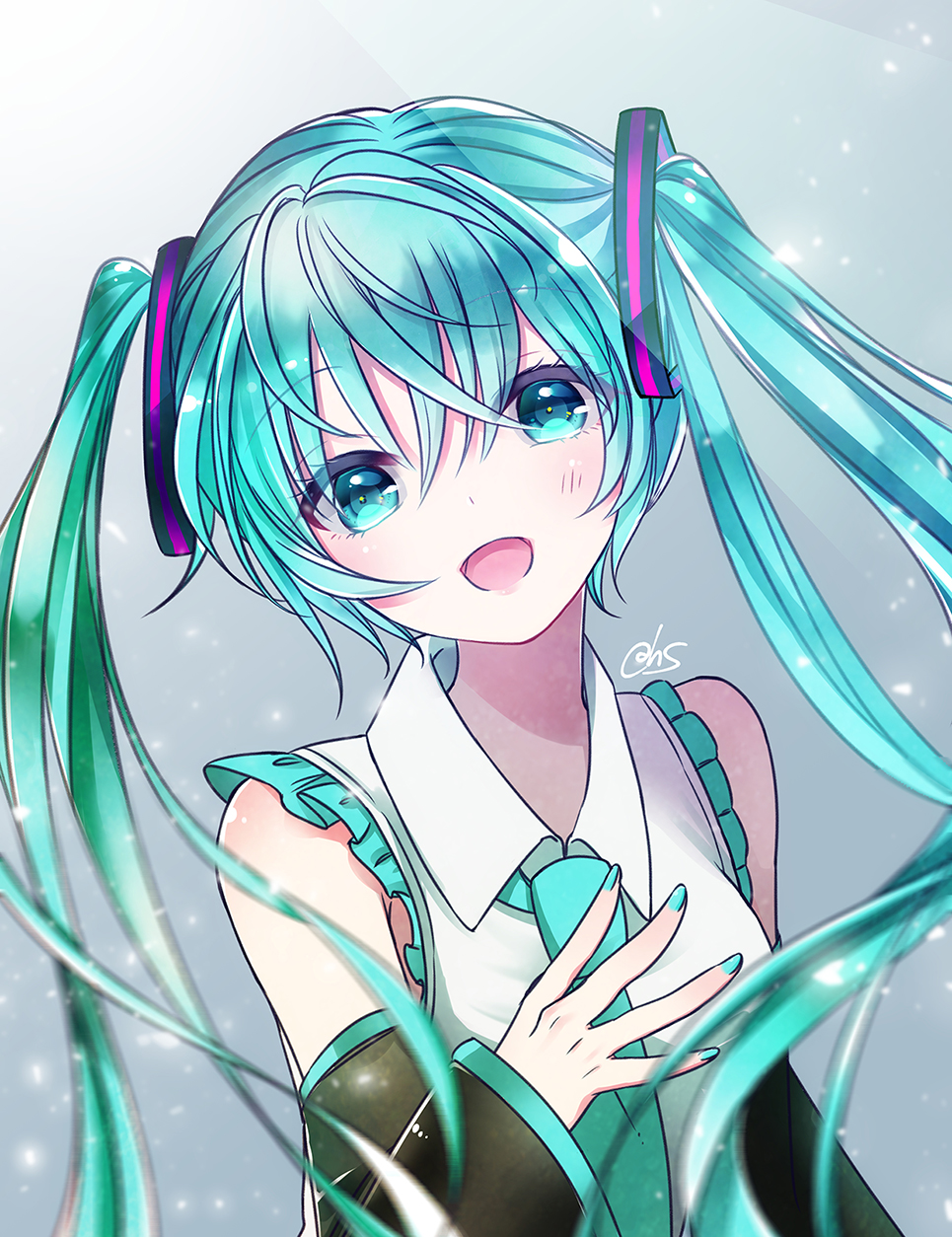 1girl, :d, black_sleeves, blue_eyes, blue_hair, blue_nails, collared_shirt, detached_sleeves