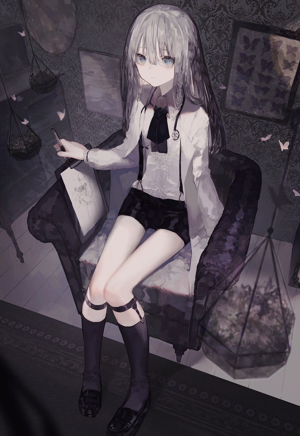 1girl, armchair, black_socks, blue_eyes, blush, bug, butterfly, chair