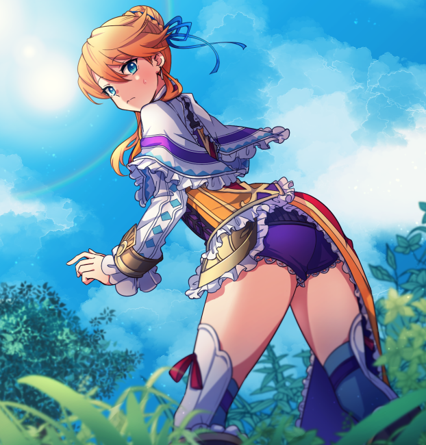 1girl, ass, blue_eyes, blue_thighhighs, blurry, braid, capelet, cloud, cloudy_sky, crown_braid, day, depth_of_field, dress, earrings, falcom, female_focus, frills, from_behind, grass, hair_between_eyes, hair_bun, hair_ribbon, jewelry, laxia_von_roswell, long_sleeves, looking_at_viewer, looking_back, medium_hair, orange_hair, outdoors, ribbon, short_dress, short_shorts, shorts, single_hair_bun, sky, soha_ez, solo, standing, sun, sweatdrop, thighhighs, thighs, tree, ys, ys_viii:_lacrimosa_of_dana