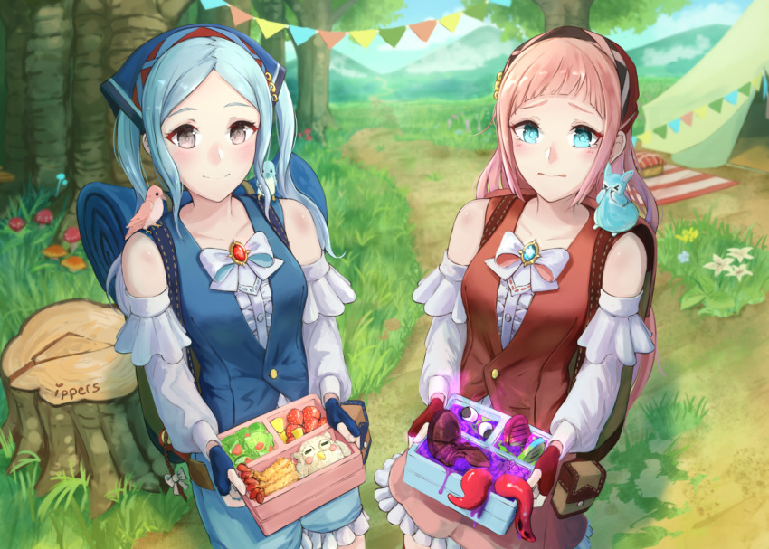 2girls, alternate_costume, animal, animal_on_shoulder, aqua_eyes, aqua_hair, arm_warmers, artist_name, backpack, bad_food, bag, bento, bird, bird_on_shoulder, blanket, blue_gloves, blue_headwear, blue_skirt, blue_vest, blunt_bangs, blush, bow, bowtie, breasts, brooch, cloud, cloudy_sky, collarbone, cowboy_shot, day, eyeball, feh_(fire_emblem_heroes), felicia_(fire_emblem), felicia_(picnic)_(fire_emblem), fingerless_gloves, fire_emblem, fire_emblem_fates, fire_emblem_heroes, flora_(fire_emblem), flora_(picnic)_(fire_emblem), flower, food, frilled_skirt, frills, fruit, gloves, grass, grey_eyes, ippers, jewelry, long_hair, looking_at_viewer, medium_breasts, medium_hair, mountain, multiple_girls, mushroom, nintendo, outdoors, parted_bangs, picnic_basket, pink_hair, pink_skirt, red_gloves, red_headwear, red_vest, rice, shirt, siblings, signature, sisters, skirt, sky, sleeveless, smile, squirrel, strawberry, tareme, tempura, tent, tentacles, tree, tree_stump, twins, twintails, vest, white_neckwear