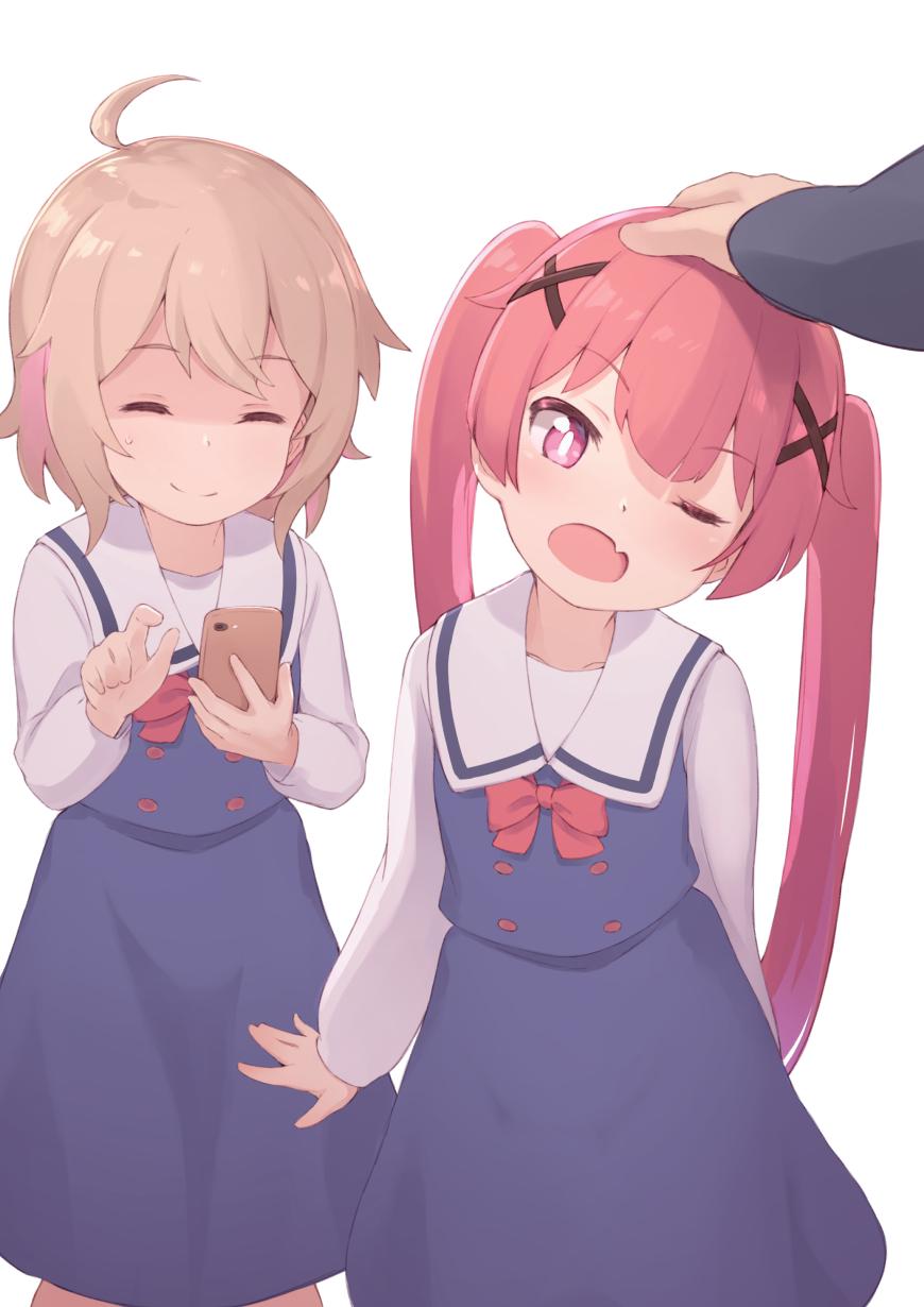 2girls, ahoge, cellphone, closed_eyes, commentary_request, false_smile, fang, grey_hair