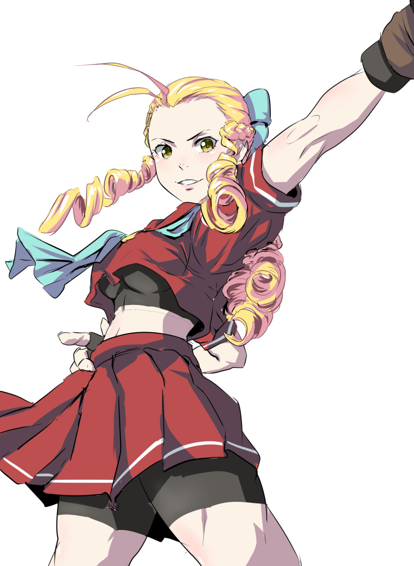 1girl, antenna_hair, bike_shorts, blonde_hair, bow, breasts, brown_eyes, commentary_request