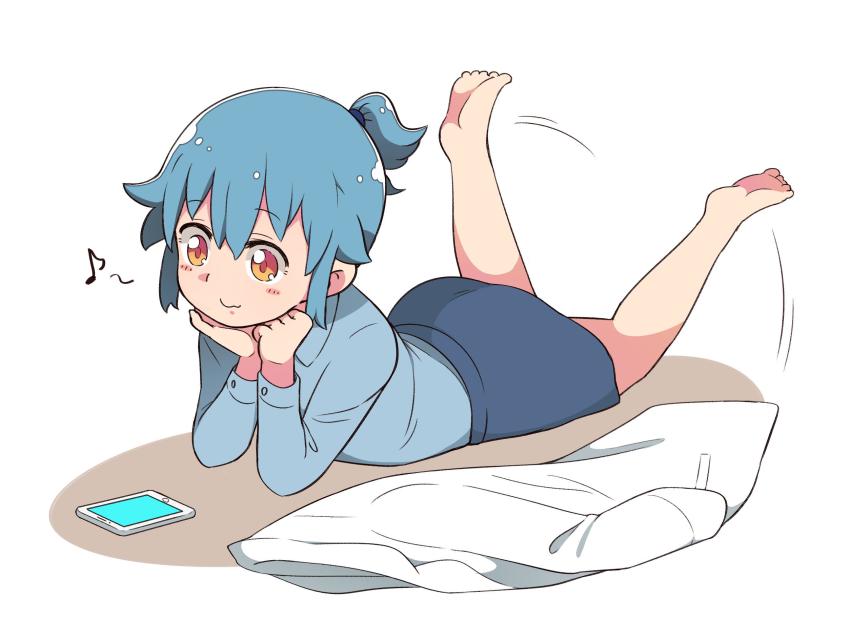 1girl, barefoot, blue_hair, blue_shirt, blue_skirt, blush, cellphone, commentary_request