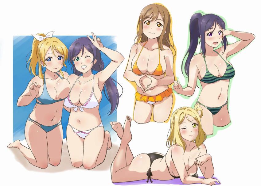5girls, ankara_(ko_ruto3), asymmetrical_docking, ayase_eli, barefoot, bikini, blonde_hair, blue_eyes