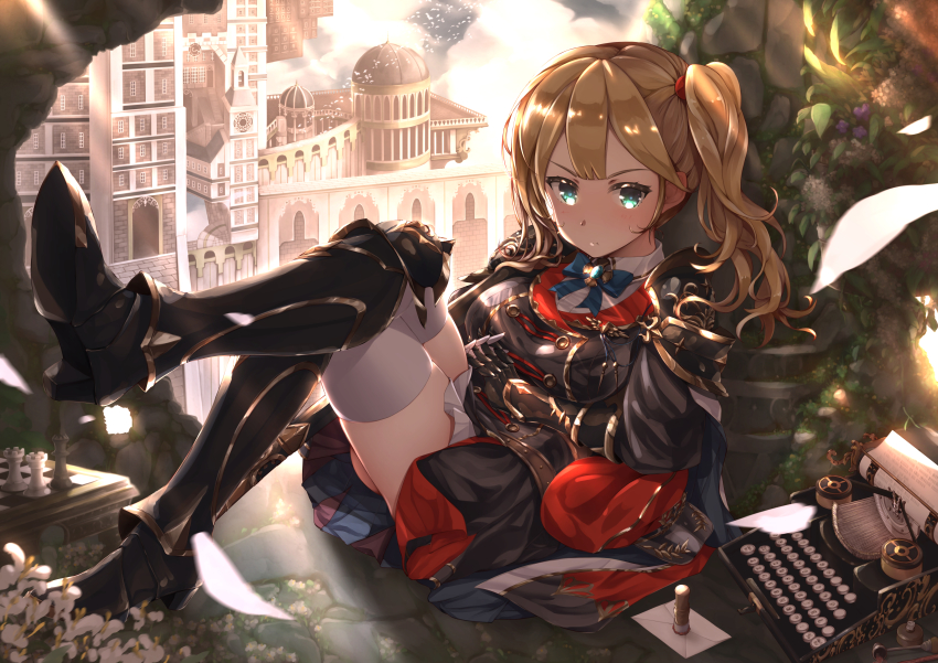 1girl, absurdres, armor, armored_boots, armored_dress, blonde_hair, boots, breasts