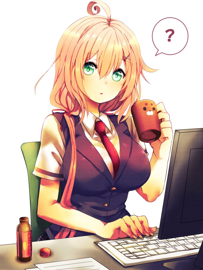 1girl, ?, absurdres, ahoge, black_vest, collared_shirt, computer_keyboard, cup