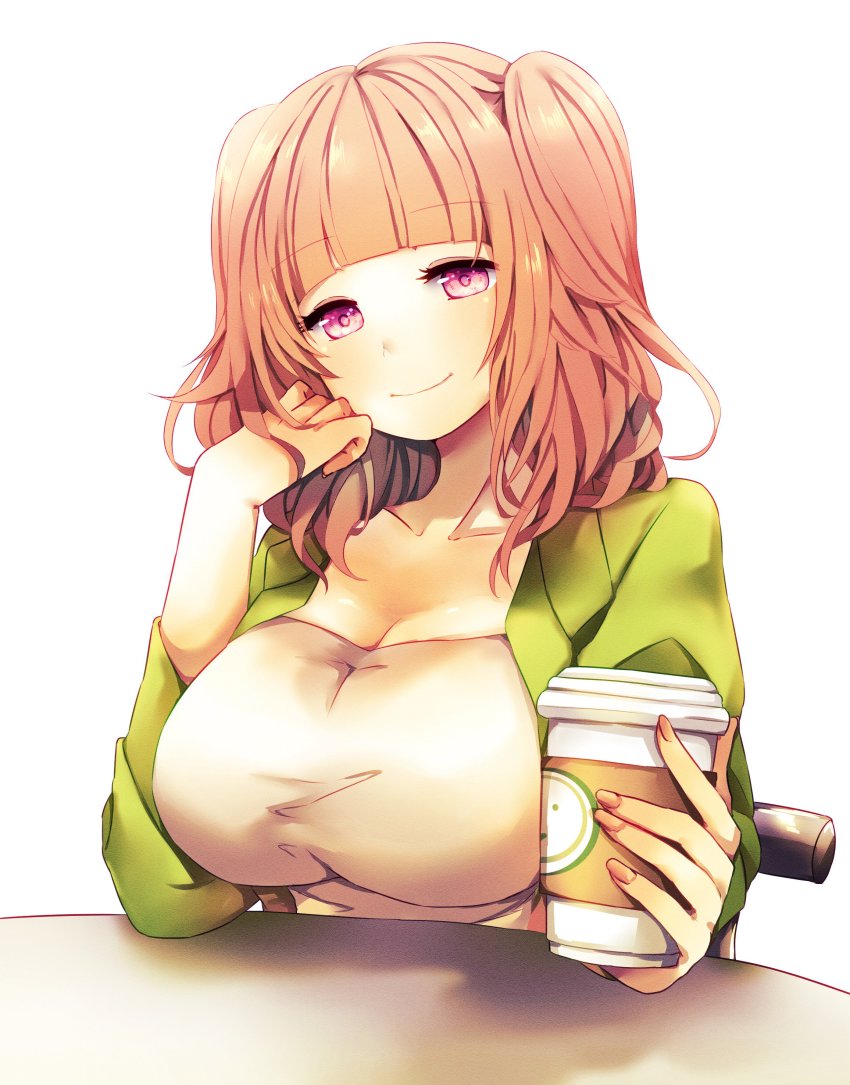 1girl, absurdres, blunt_bangs, breasts, chair, cleavage, closed_mouth, cup