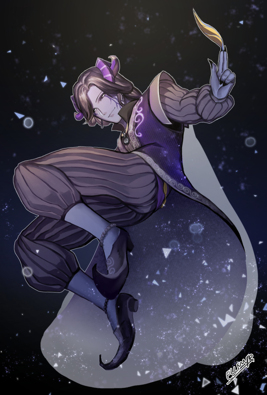 1boy, anklet, artist_name, black_background, black_hair, black_nails, black_shoes, colored_skin, earrings, ellmyr, full_body, grey_skin, highres, horns, identity_v, jewelry, joseph_(identity_v), joseph_desaulniers, joseph_desaulniers_(azrael), long_sleeves, male_focus, nail_polish, pointy_shoes, shoes, solo, white_eyes, white_legwear