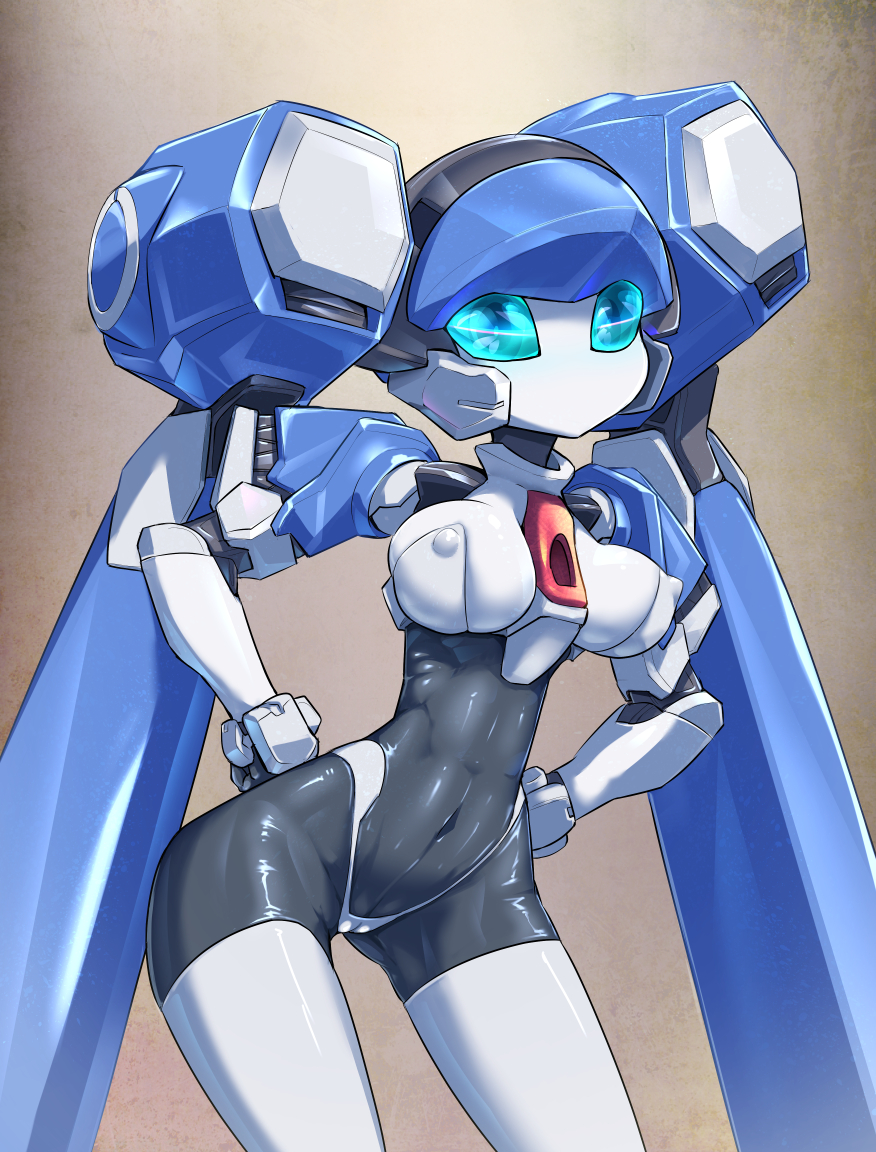 1girl, blazermate, blue_eyes, breasts, cameltoe, cleavage, female_focus, hands_on_own_hips, humanoid_robot, long_hair, medarot, navel, no_humans, no_mouth, pochincoff, robot, solo, thighhighs, very_long_hair