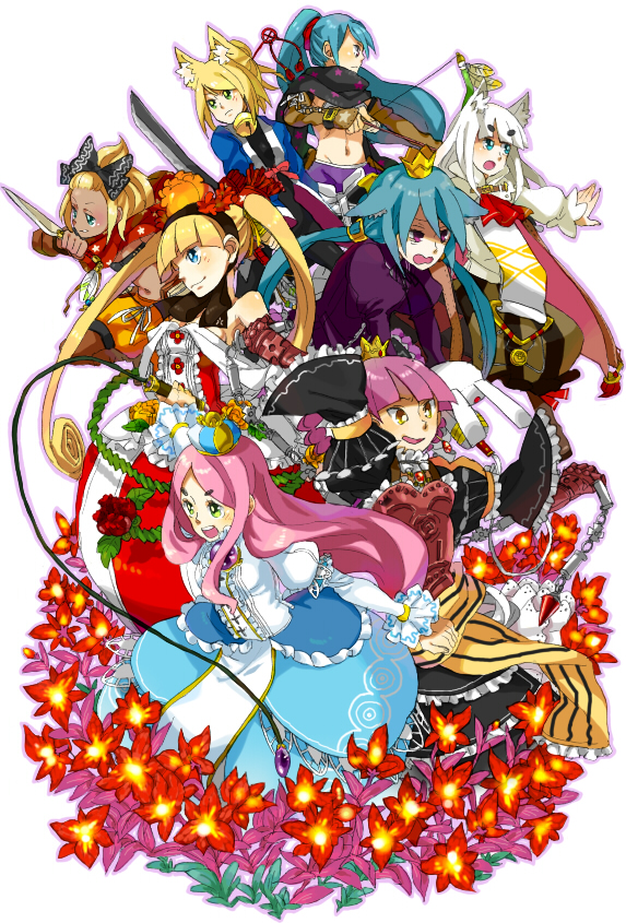 6+girls, 7th_dragon, 7th_dragon_(series), alusha_(7th_dragon), animal_ears, blonde_hair, blue_dress, blue_hair