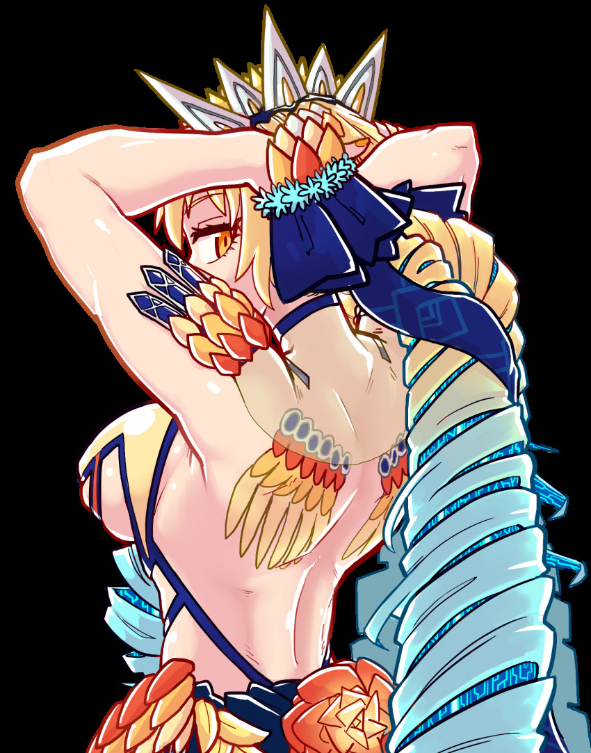 1girl, arms_up, astraea_(fate), astraea_(third_ascension)_(fate), back, back_tattoo, blonde_hair, blue_eyes, blue_hair, blue_neckwear, bow, breasts, choker, fate/grand_order, fate_(series), female_focus, gradient_hair, hair_bow, hair_ornament, highres, long_hair, looking_at_viewer, luviagelita_edelfelt, medium_breasts, multicolored_hair, ringlets, simple_background, solo, tattoo, tenk, transparent_background, upper_body, white_background, yellow_eyes