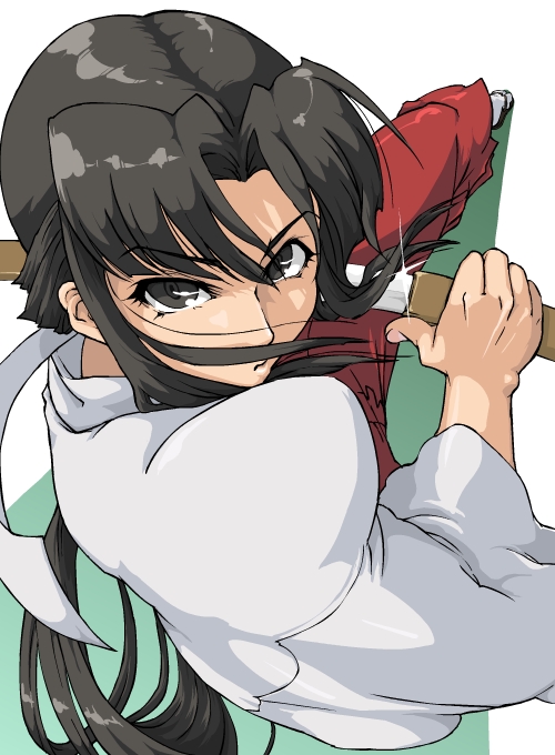 00s, black_eyes, black_hair, japanese_clothes, kage_kara_mamoru!, katana, kimono, kuma_kichi, long_hair, mapputatsu_tsubaki, miko, solo, sword, weapon