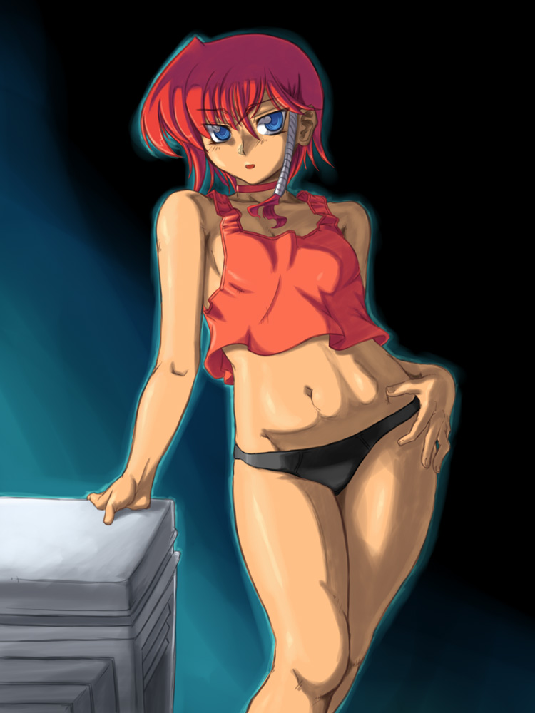 abs, banpresto, black_panties, blue_eyes, dark_skin, fiona_gureden, legs, midriff, othousand, panties, red_hair, short_hair, solo, super_robot_wars, super_robot_wars_reversal, tank_top, underwear