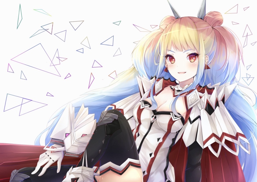 1girl, armor, black_thighhighs, blonde_hair, blue_hair, blush, breasts, cape