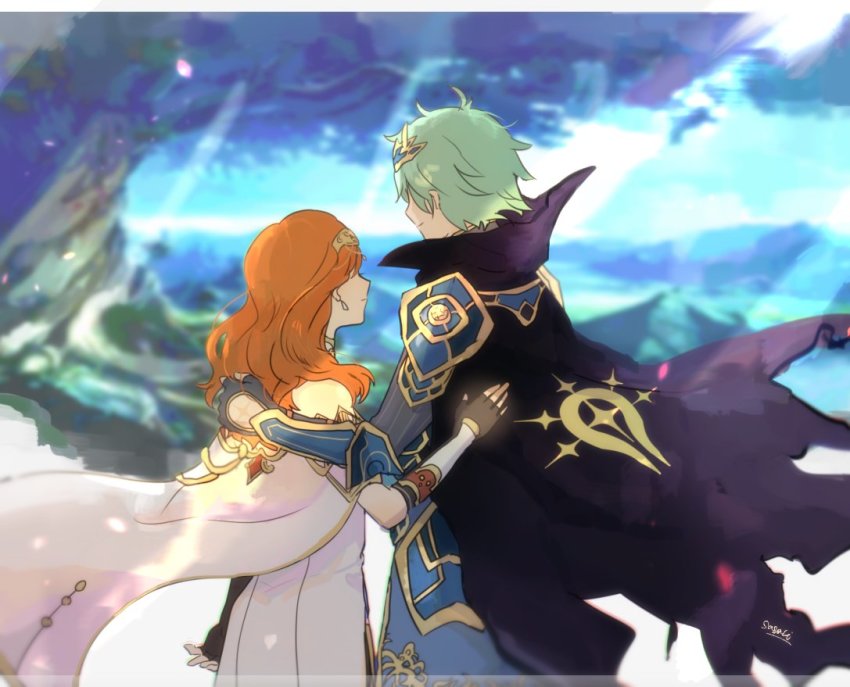 1boy, 1girl, alm_(fire_emblem), alm_(saint-king)_(fire_emblem), armor, black_gloves, blue_sky, cape