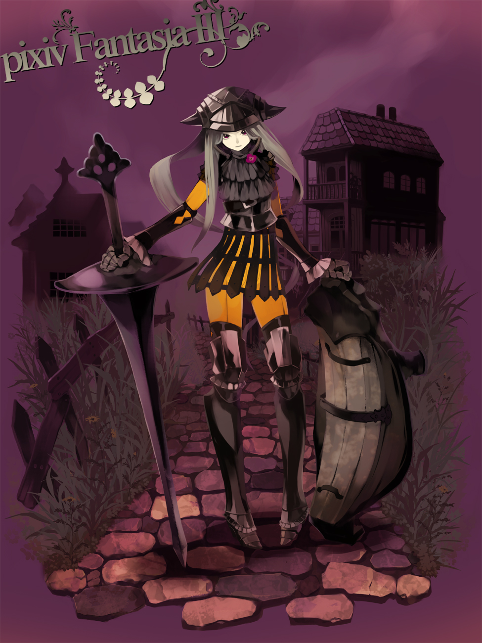 armor, bad_id, bad_pixiv_id, gigandal_federation, greaves, helm, helmet, highres, komagarita, komagata, lance, long_hair, night, pixiv_fantasia, pixiv_fantasia_3, polearm, red_eyes, shield, solo, spear, sword, weapon