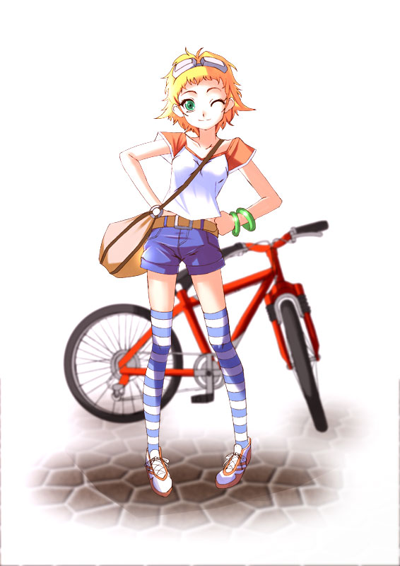 1girl, bicycle, blonde_hair, denim, denim_shorts, female_focus, goggles, green_eyes