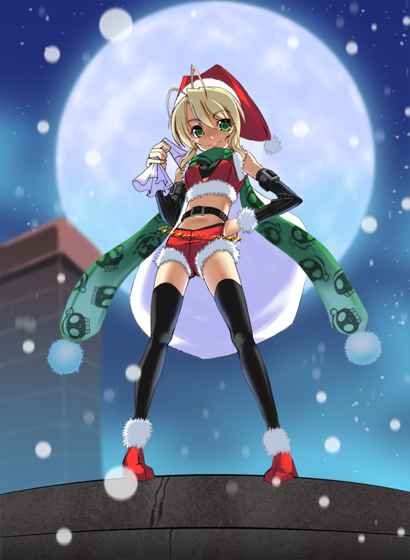 1girl, antenna_hair, bag, belt, black_thighhighs, blonde_hair, detached_sleeves, female_focus, full_moon, green_eyes, green_scarf, hat, hiro_takase, midriff, moon, original, rooftop, sack, santa_costume, santa_hat, scarf, shorts, skull_print, snow, solo, takase_hiro, thighhighs