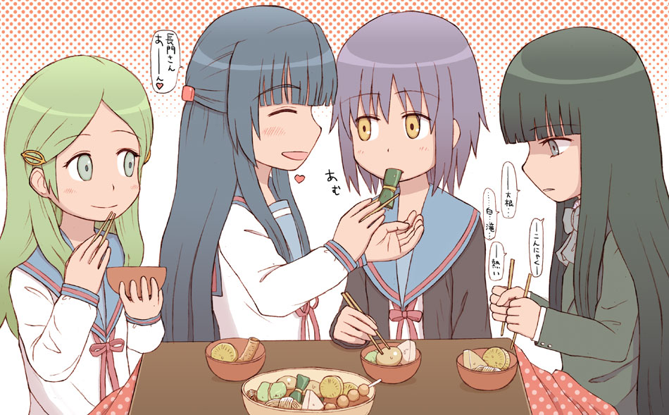 00s, asakura_ryoko, chopsticks, food, heart, kimidori_emiri, kotatsu, kouyouen_academy_school_uniform, nagato_yuki, oden, os_(artist), school_uniform, serafuku, spoken_heart, suou_kuyou, suzumiya_haruhi_no_yuuutsu, table, translated