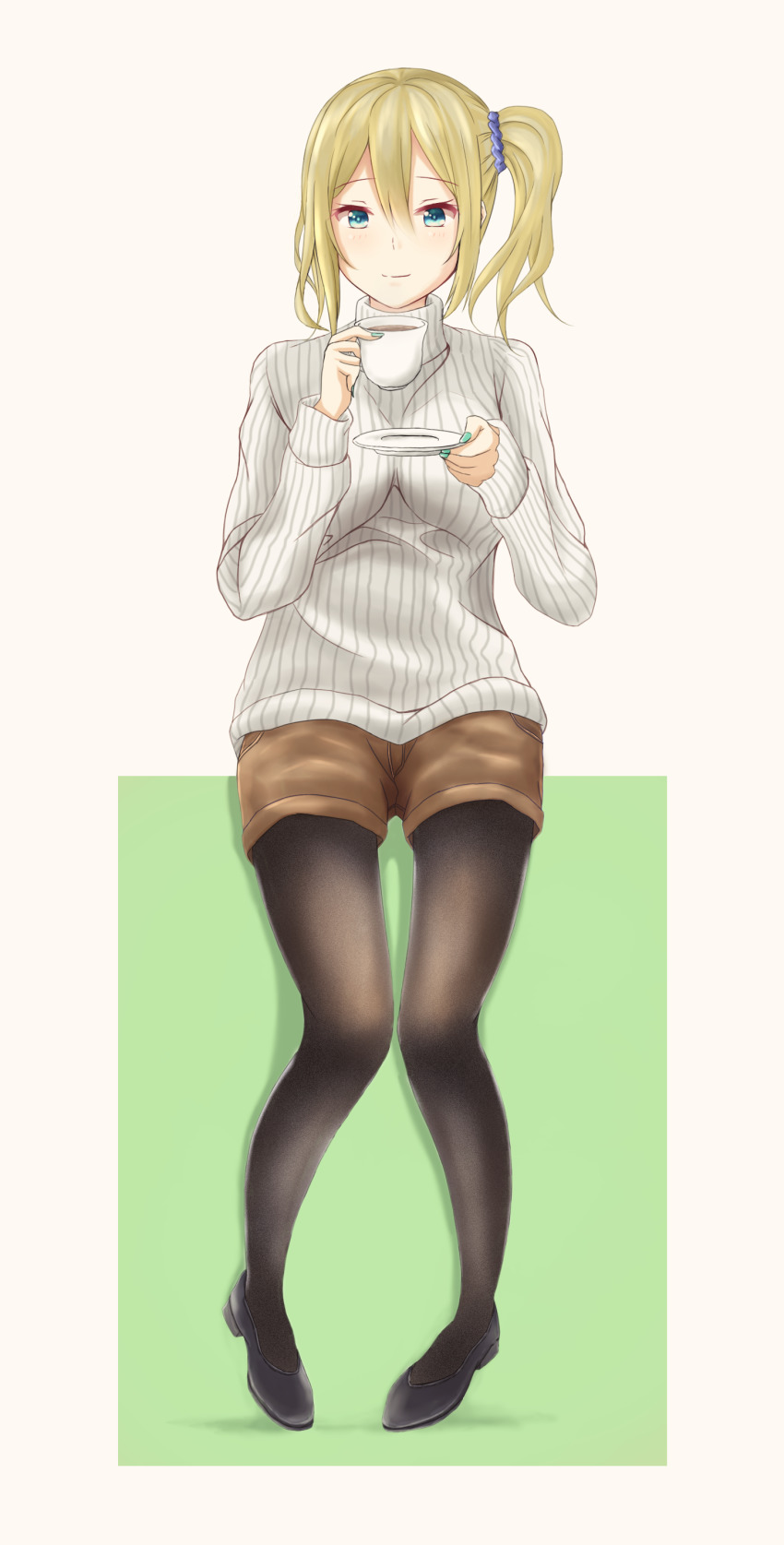 1girl, absurdres, apron, bad_id, bad_pixiv_id, black_pantyhose, black_shoes, blonde_hair, female_focus, full_body, hair_between_eyes, hair_ornament, hayasaka_ai, highres, kaguya-sama_wa_kokurasetai_~tensai-tachi_no_renai_zunousen~, long_sleeves, looking_at_viewer, maid, maid_apron, minakami_tansan, nail_polish, pantyhose, pantyhose_under_shorts, ribbed_sweater, saucer, shoes, short_shorts, shorts, side_ponytail, solo, sweater, thighhighs