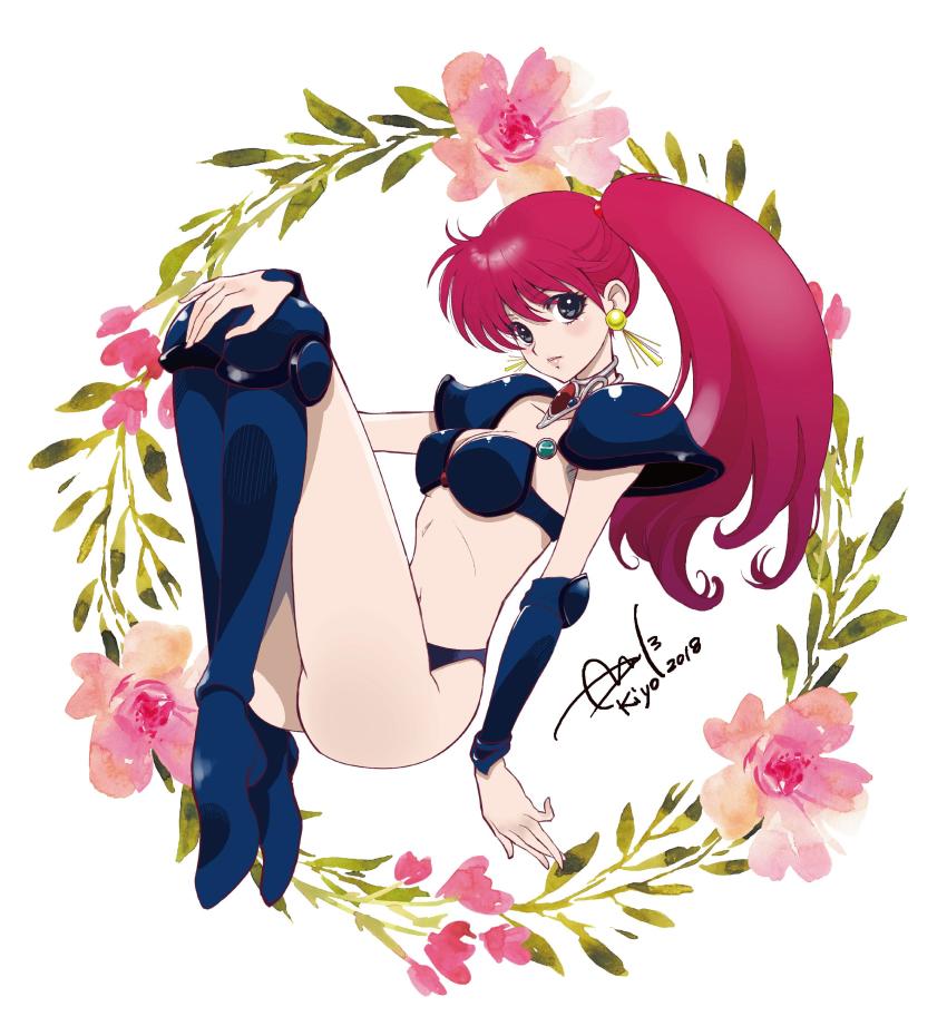 1980s_(style), 1girl, absurdres, armor, asagiri_youko, bikini_armor, boots, earrings, female_focus, genmu_senki_leda, highres, jewelry, kiyo_(joe), knee_boots, long_hair, oldschool, pauldrons, red_hair, retro_artstyle, shoulder_armor, side_ponytail, solo, vambraces