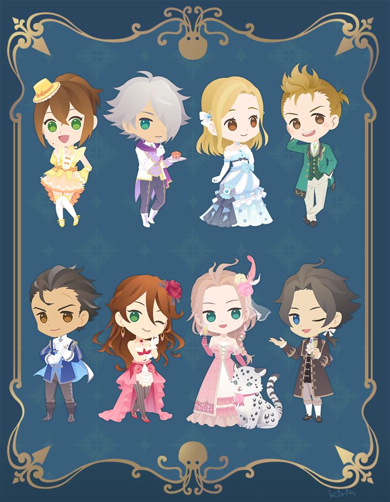 alfyn_(octopath_traveler), bare_shoulders, black_hair, blonde_hair, blush, bracelet, brown_hair, chibi, cyrus_(octopath_traveler), dancer, dress, food, formal_clothes, gloves, green_eyes, h'aanit_(octopath_traveler), hair_over_one_eye, hat, jewelry, kina_kirin, linde_(octopath_traveler), long_hair, looking_at_viewer, multiple_boys, multiple_girls, necklace, octopath_traveler, octopath_traveler_i, olberic_eisenberg, one_eye_closed, open_mouth, ophilia_(octopath_traveler), ponytail, primrose_azelhart, short_hair, simple_background, smile, suit, therion_(octopath_traveler), thighhighs, tressa_(octopath_traveler)