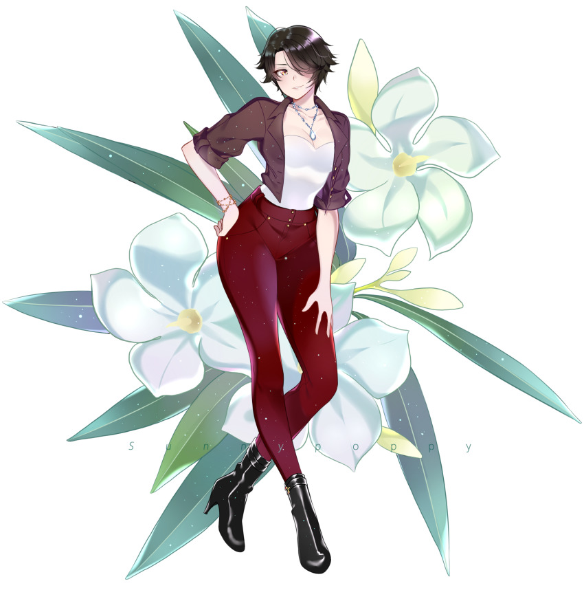 1girl, absurdres, alternate_costume, black_hair, boots, bracelet, breasts, cinder_fall