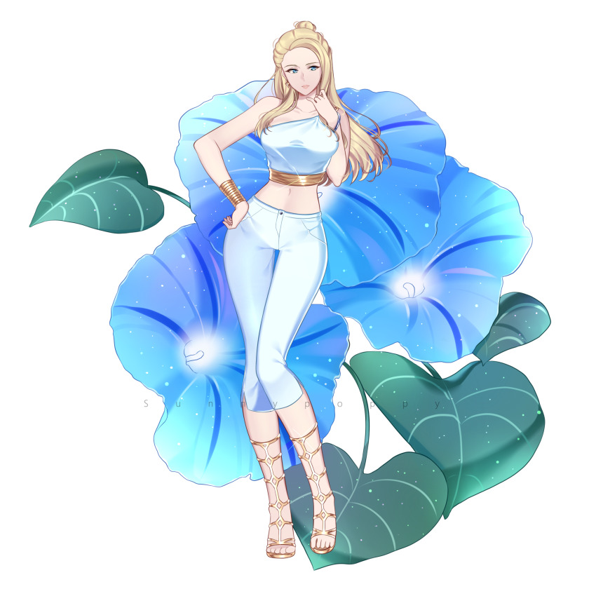 1girl, absurdres, alternate_costume, artist_request, blonde_hair, blue_eyes, blue_flower, blue_pants